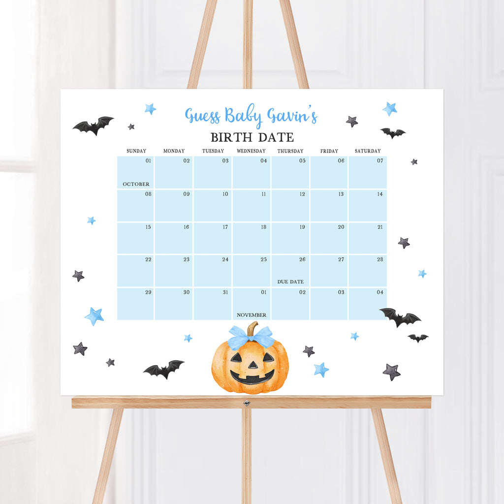 Baby boy due date calendar with Halloween theme, blue pumpkin and bat design