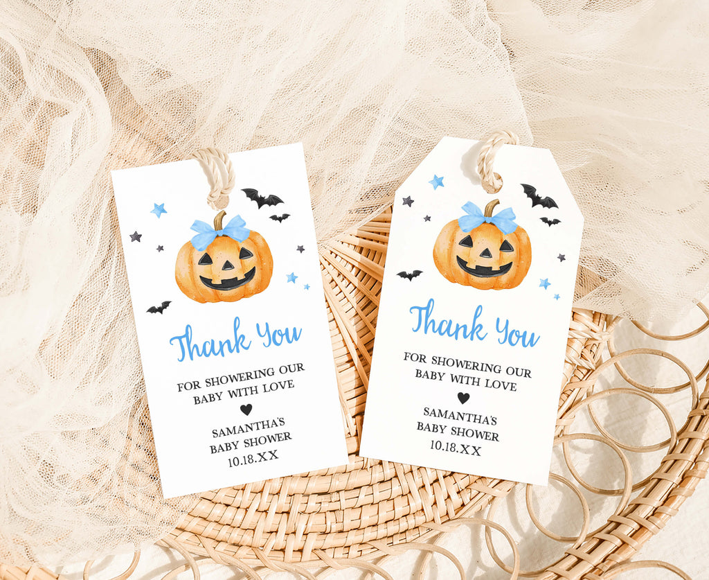 Spooky cute Halloween favor tags for baby boy shower, blue pumpkin and bat design