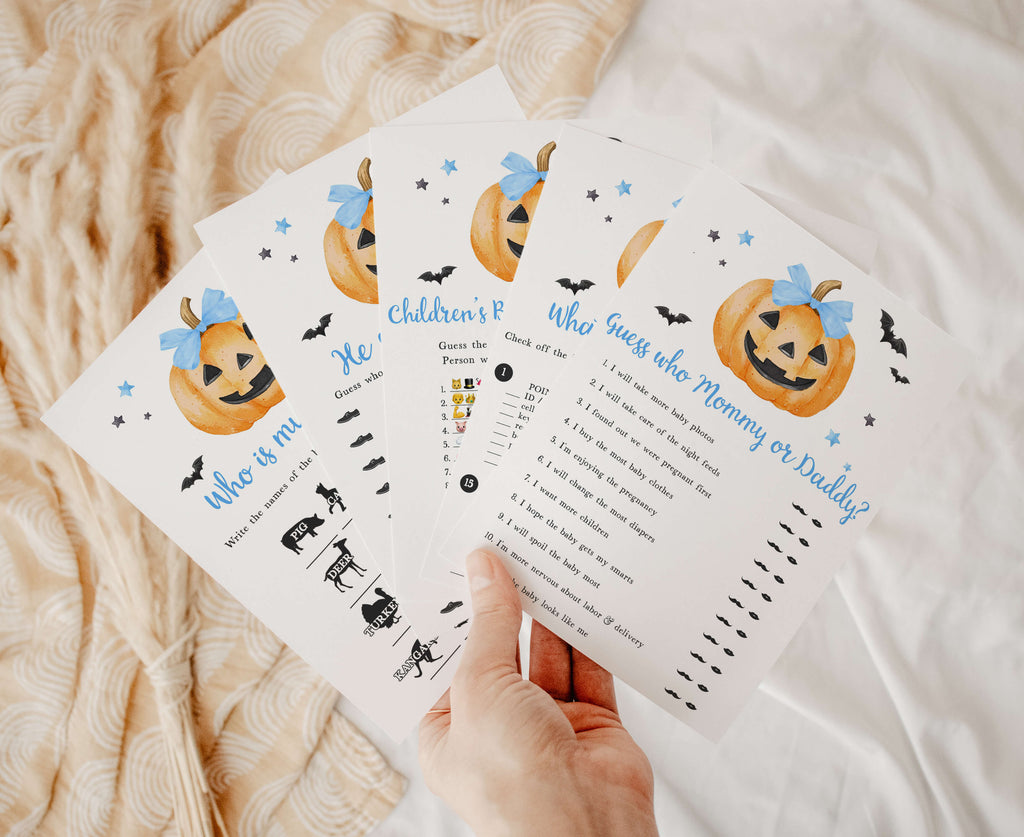 Halloween baby shower games bundle for boy, featuring spooky blue pumpkin and fall-themed icons