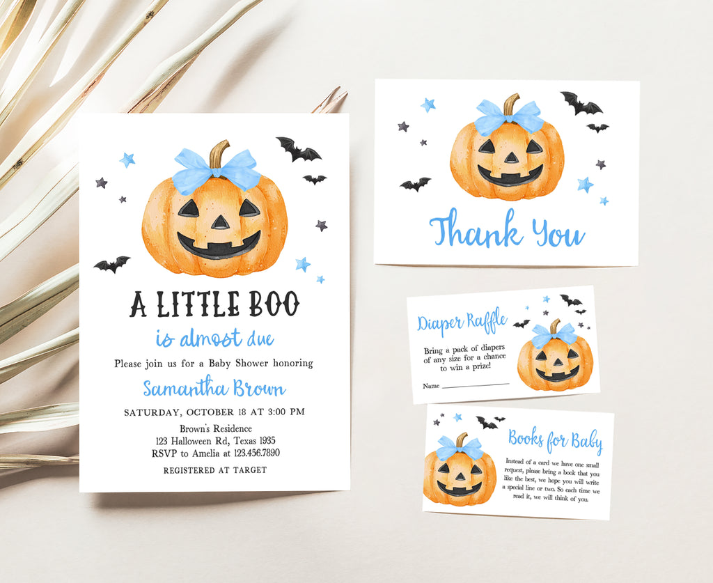 Blue pumpkin Halloween baby shower invitation set for boy, spooky cute design with bats and stars