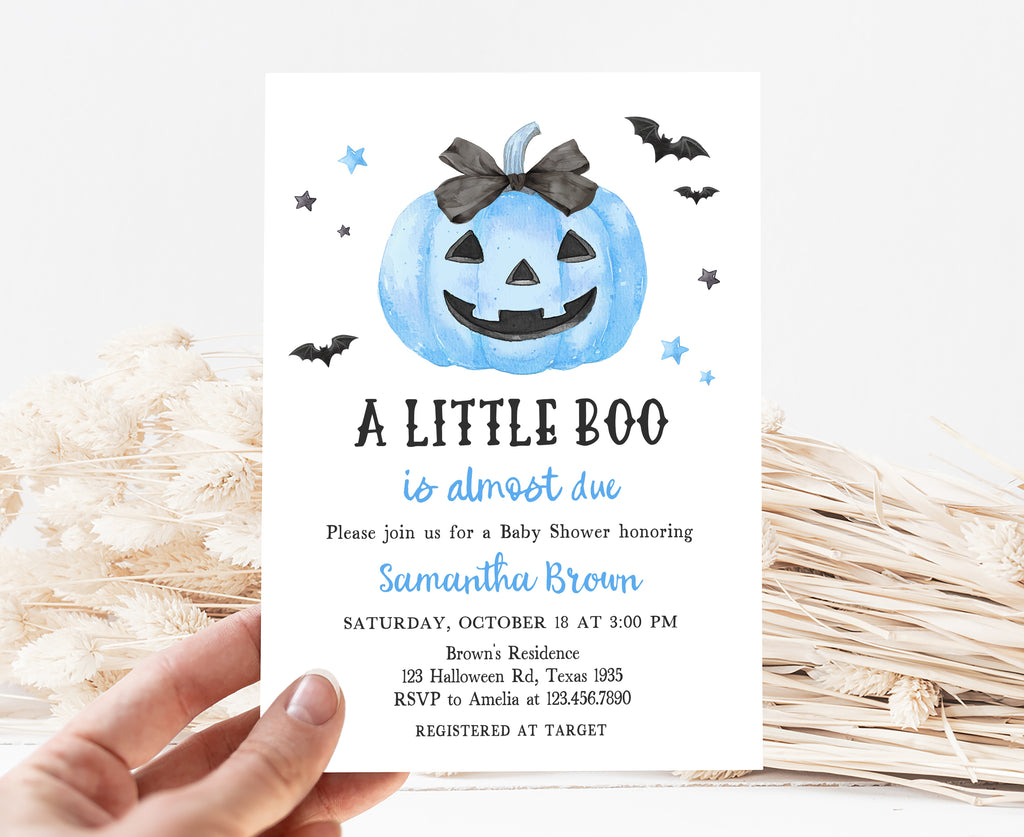 A little boo is almost due baby shower invite with pumpkin design