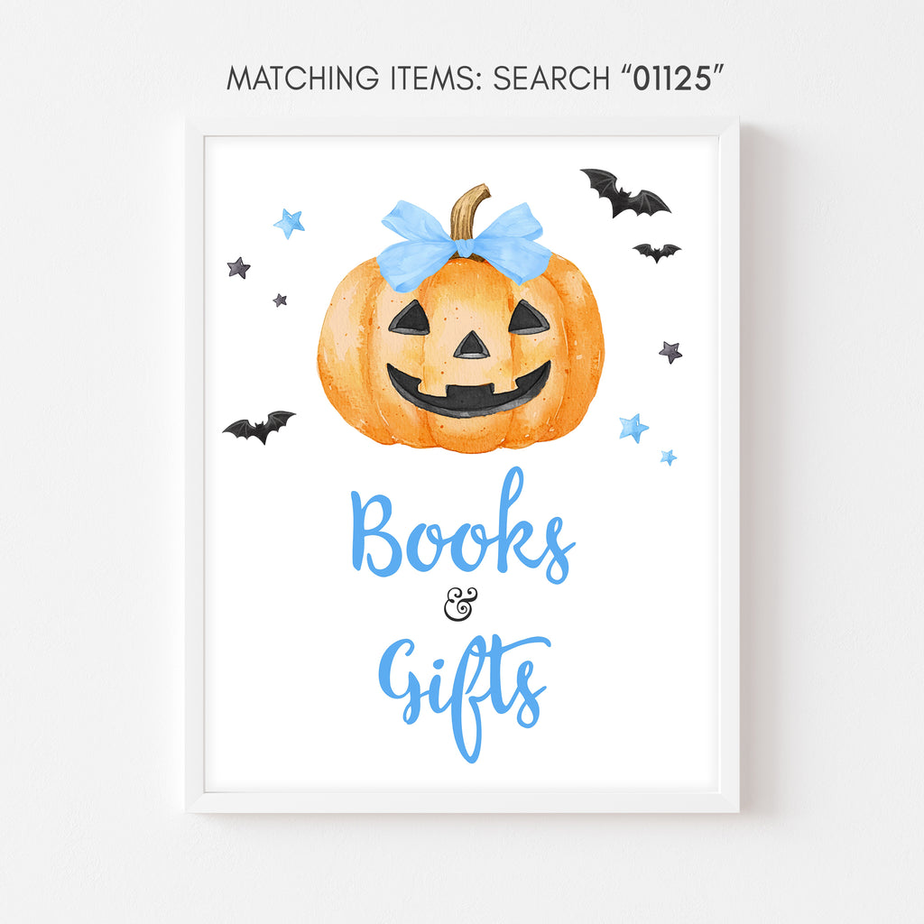 Halloween-themed baby boy Books and Gifts sign with blue pumpkin and bat accents