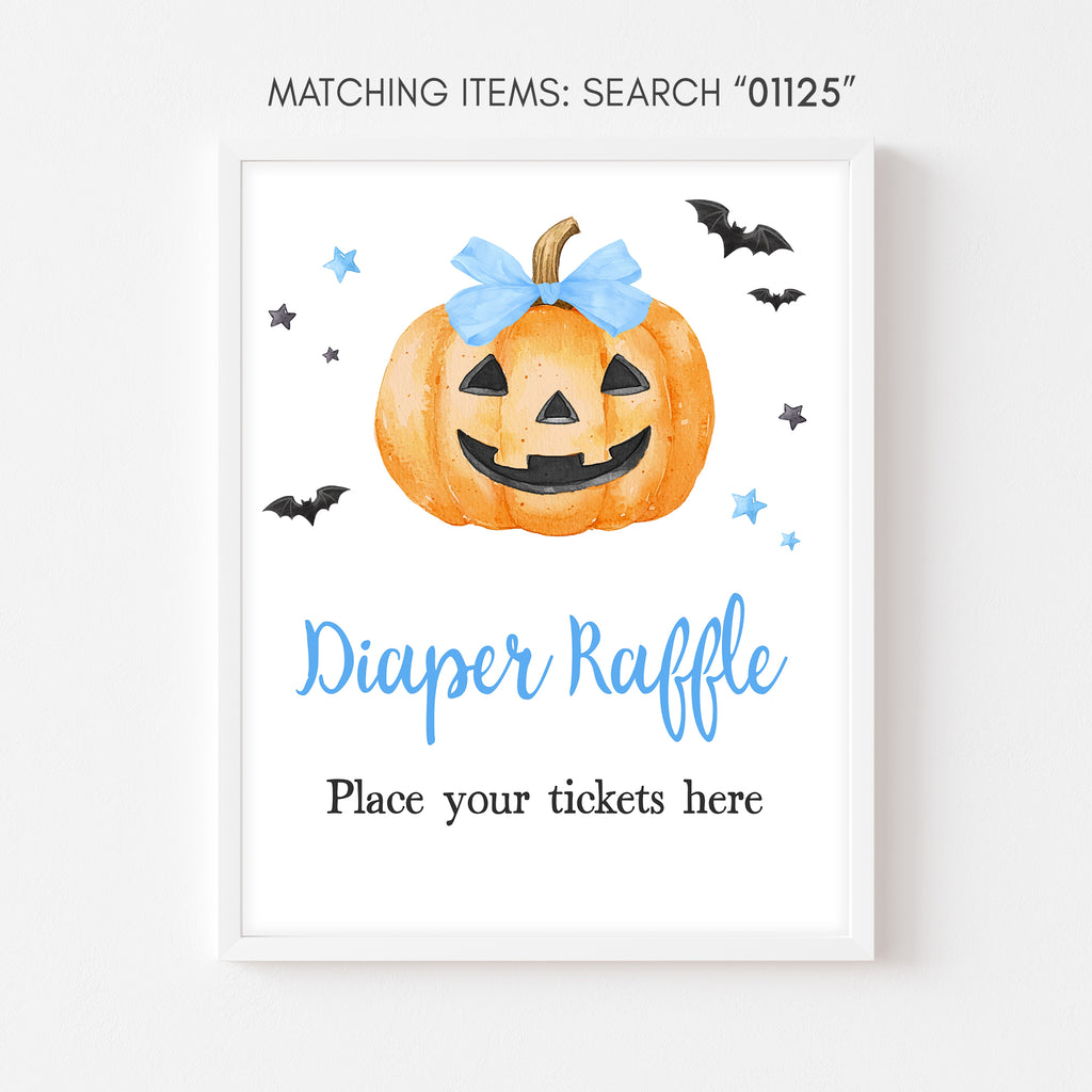 Spooky diaper raffle sign for baby boy Halloween shower with cute blue pumpkin illustration