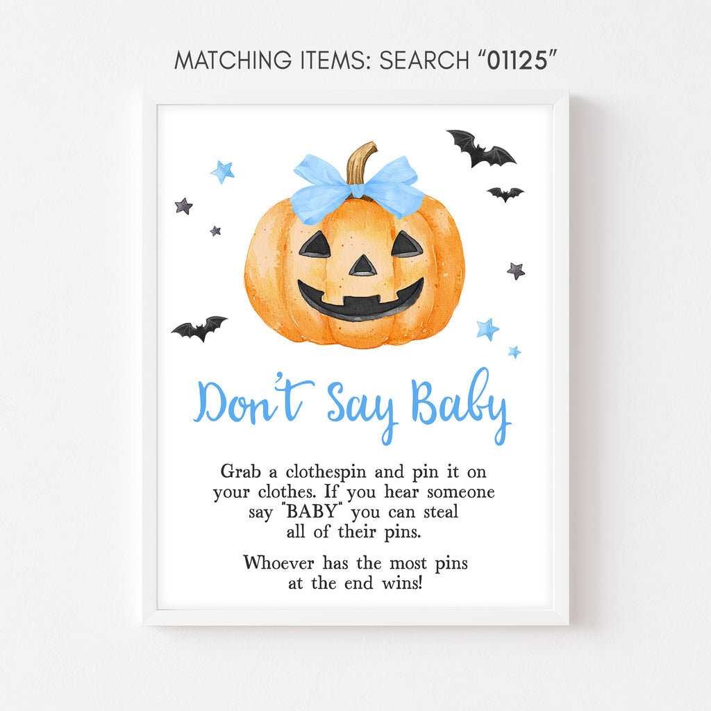 Halloween Don’t Say Baby game sign for baby boy shower featuring a smiling blue pumpkin