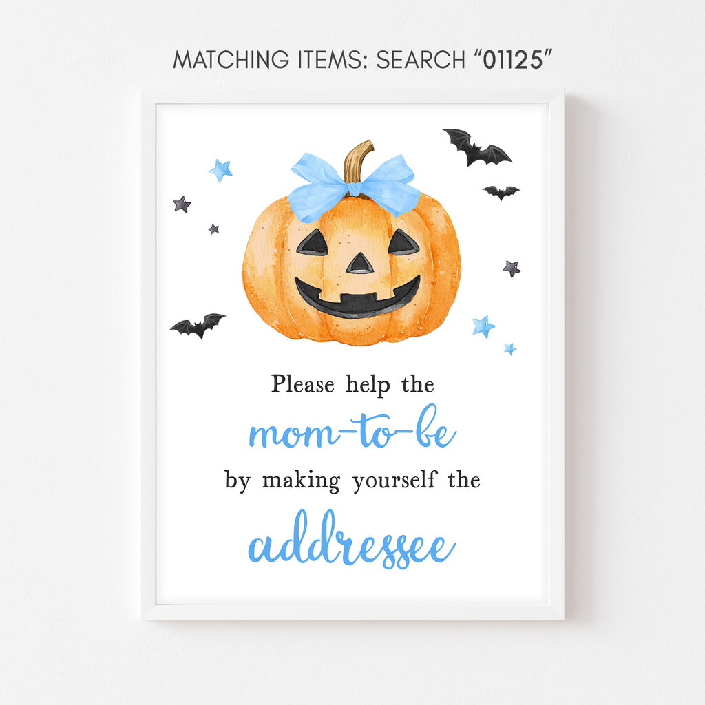 Envelope station sign with Halloween theme for baby boy shower, cute blue pumpkin design