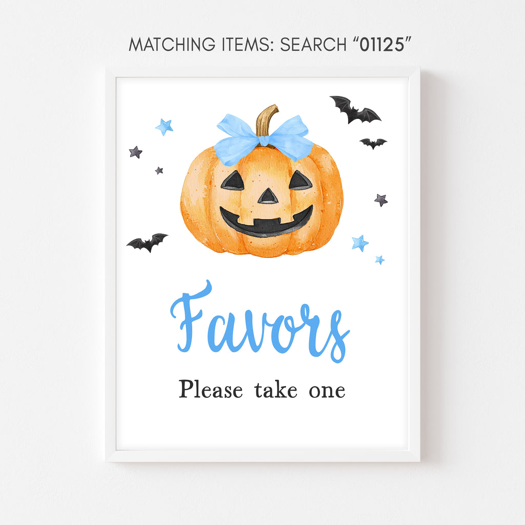 Baby boy Halloween favors sign, editable design with blue pumpkin and bat graphics