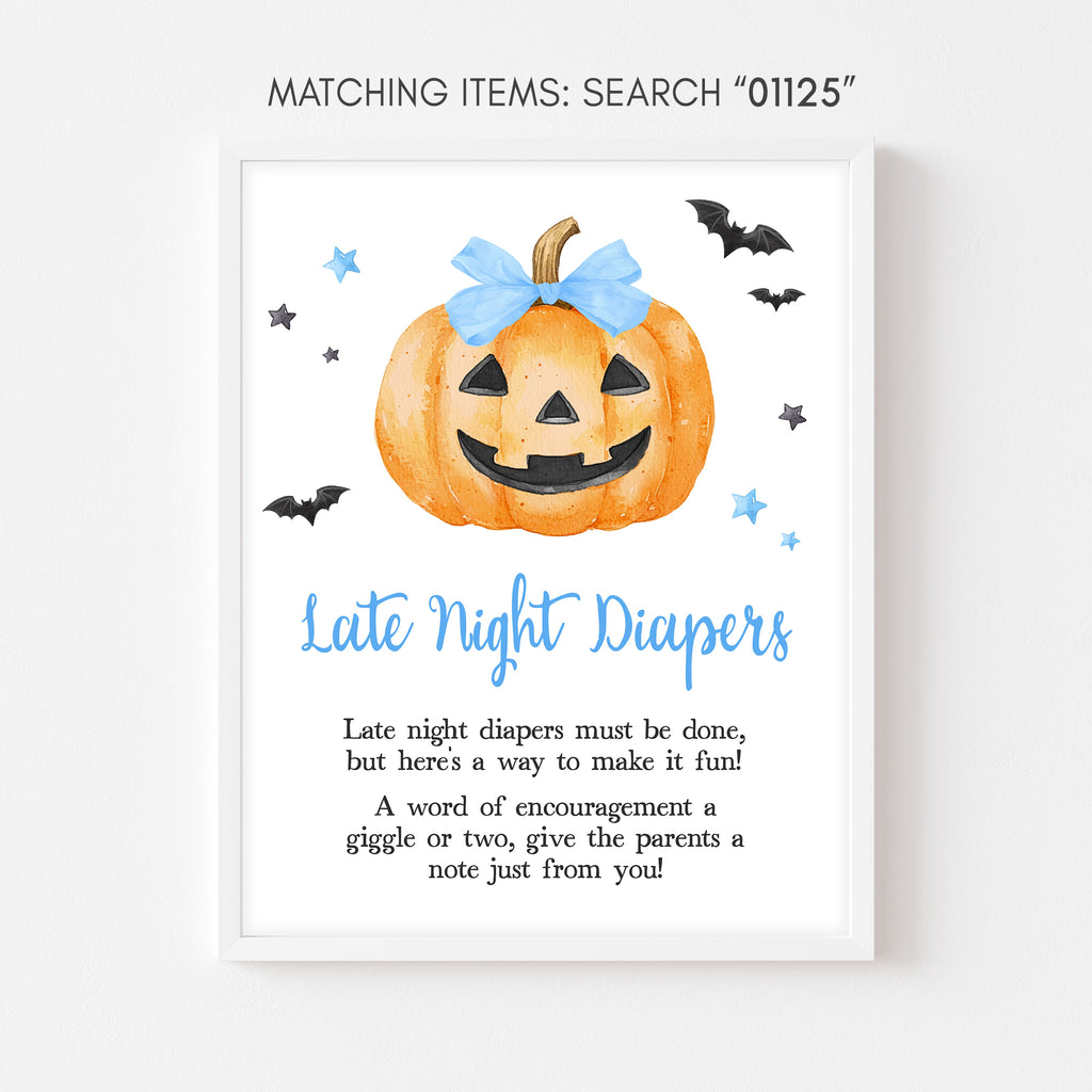 Late night diapers sign for Halloween baby shower boy, spooky blue pumpkin printable