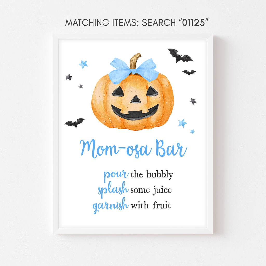 Halloween Mom-osa bar sign for baby boy shower, cute blue pumpkin with bats and stars