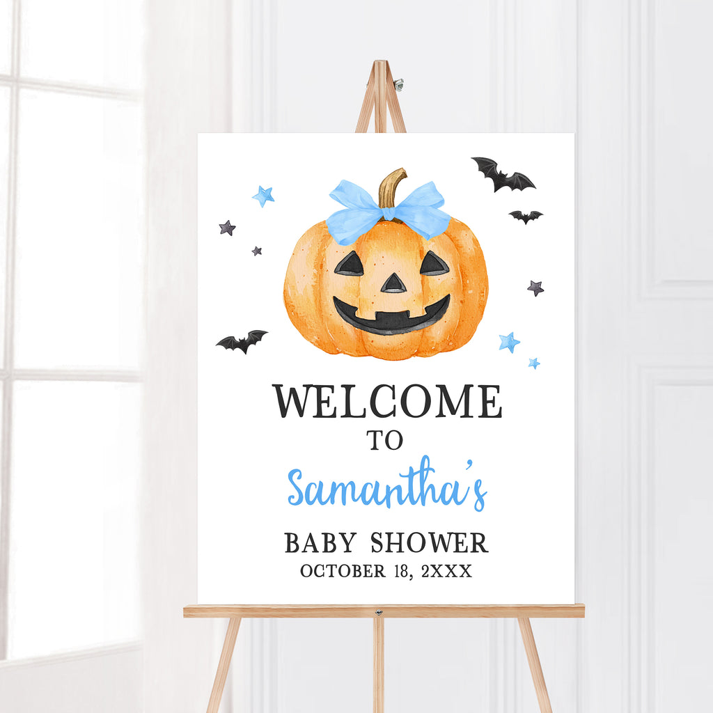 Editable Halloween baby shower welcome sign for boy, blue pumpkin theme with stars and bats