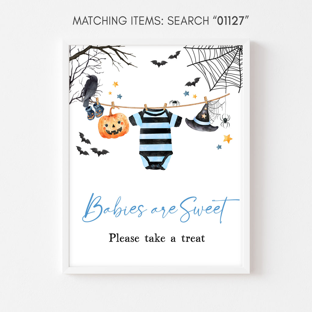 Halloween Babies Are Sweet dessert table sign with pumpkin and bat graphics for boy baby shower decor