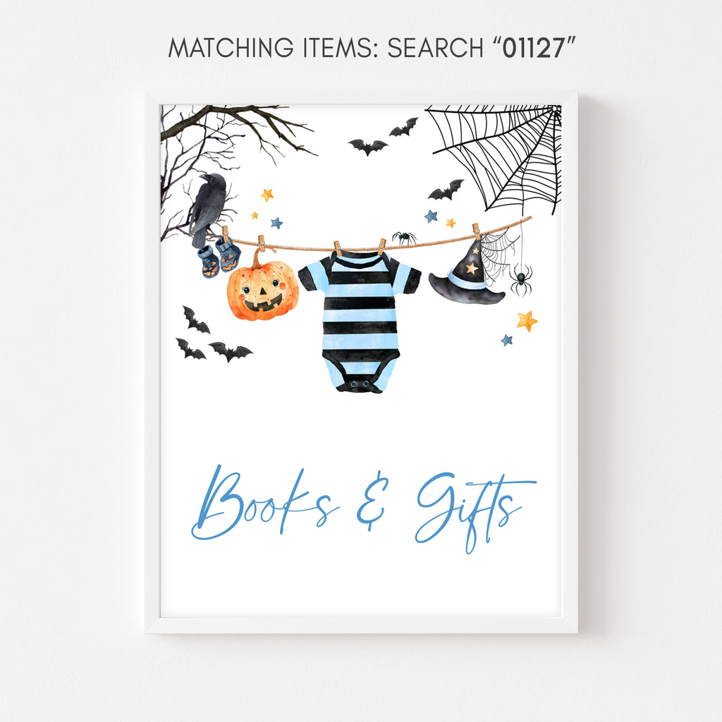 Halloween baby shower Books and Gifts sign for boy with spooky yet cute elements like bats and cobwebs