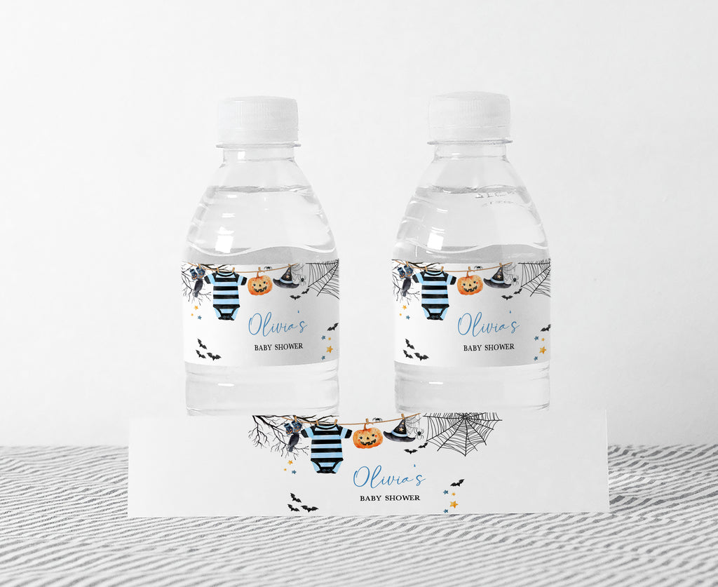 Halloween bottle labels for baby boy shower with pumpkin and bat clipart for themed drink station decor