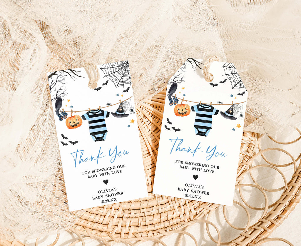 Printable Halloween baby shower favor tags for boy featuring pumpkins, bats, and witch hat in spooky-cute style