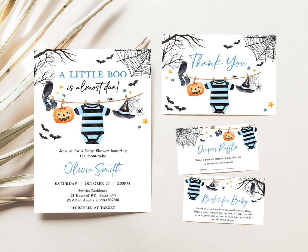 Editable Halloween baby shower invitation for boy with pumpkin and bat design for a little boo celebration