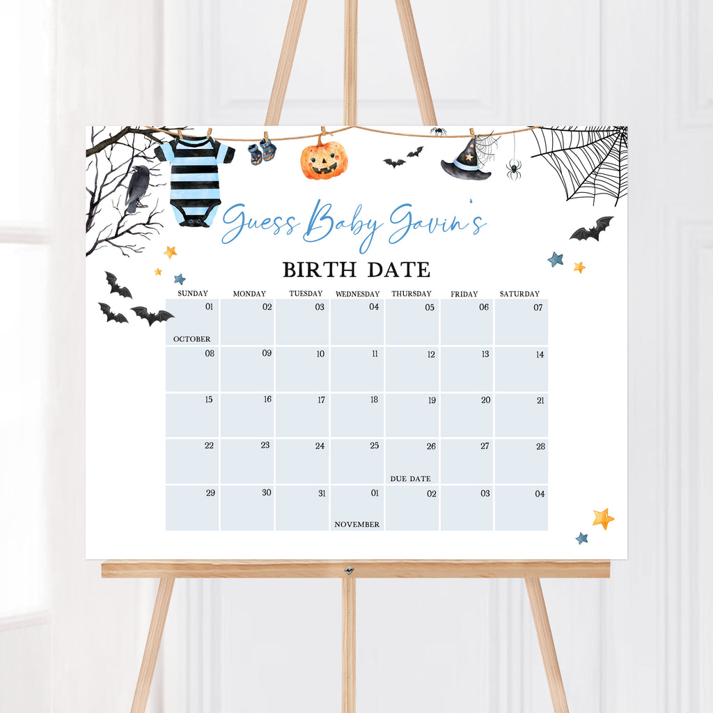 A little boo themed due date calendar for Halloween baby shower boy with spooky elements and blue accents