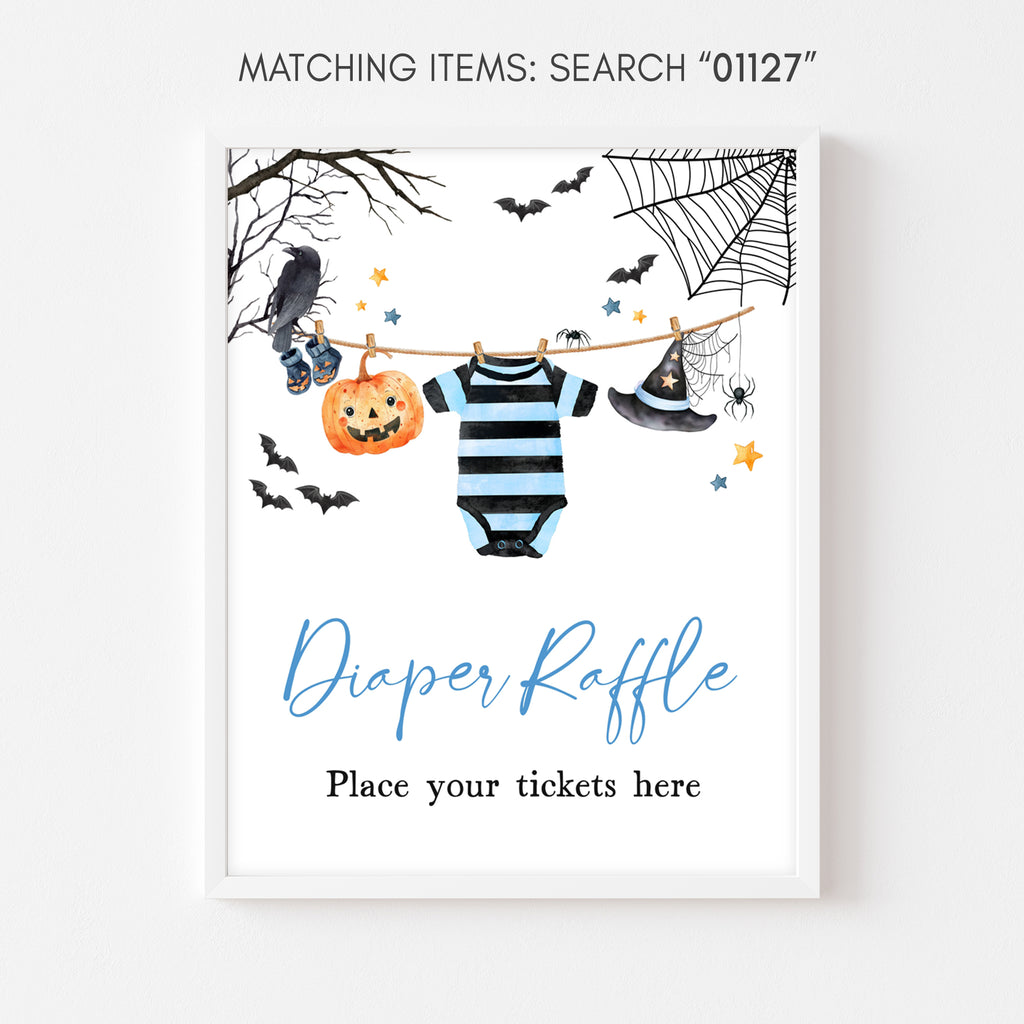 Little boo Halloween baby boy diaper raffle sign with pumpkin and bat illustrations printable