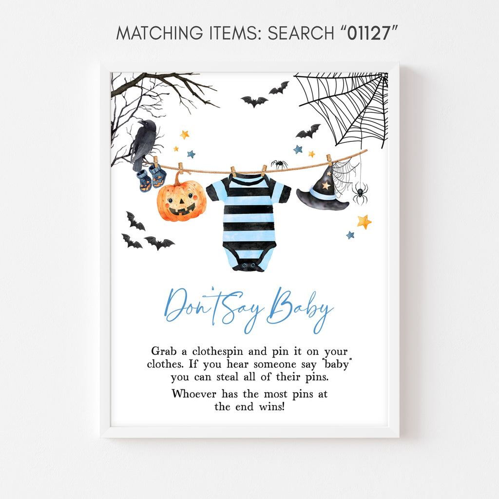 Halloween baby shower Don't Say Baby game sign for boys with spider, bat, and crow illustrations in blue theme
