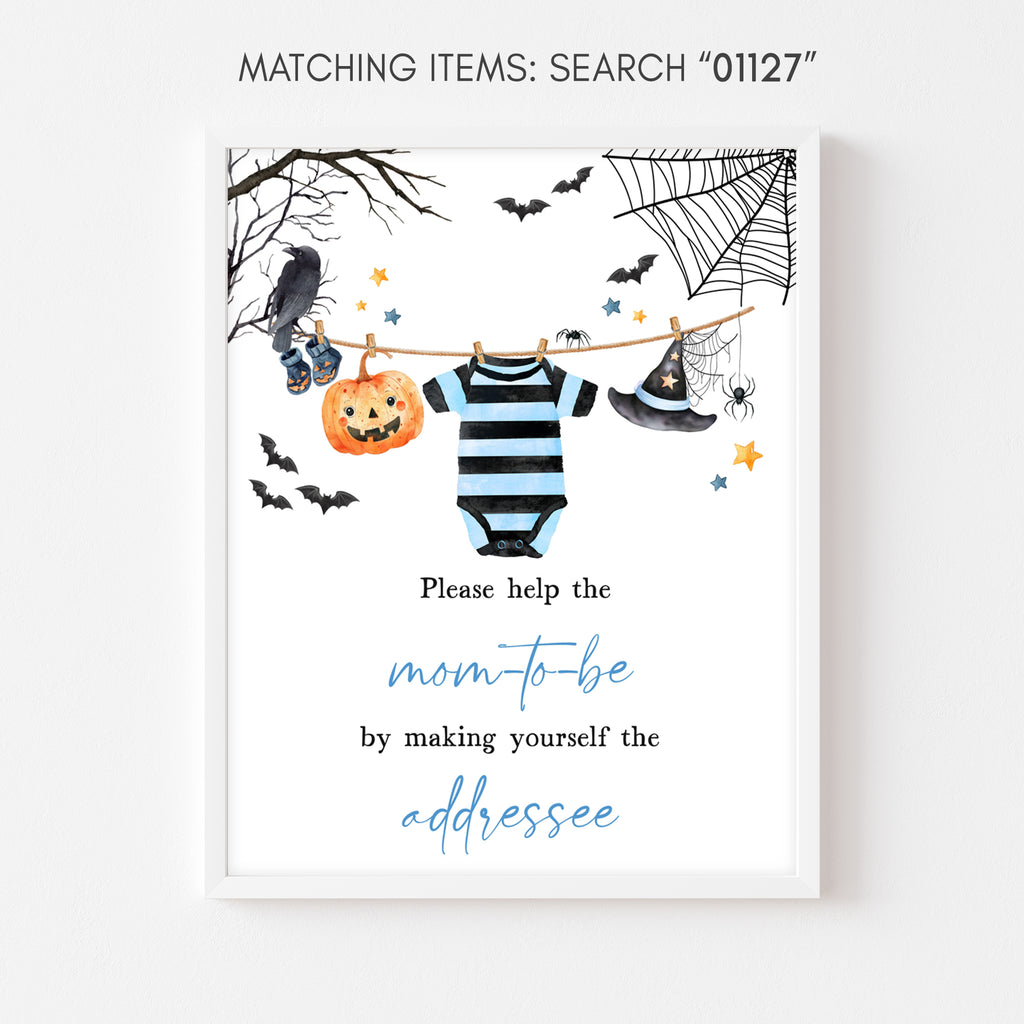 Halloween baby shower envelope station sign for boy with bats, spiderwebs, and cute spooky baby elements
