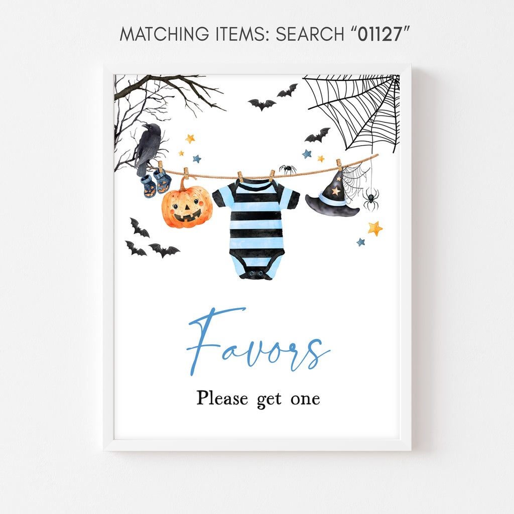 A little boo Halloween favors table sign for baby boy shower featuring pumpkins, crow, and witch hat artwork