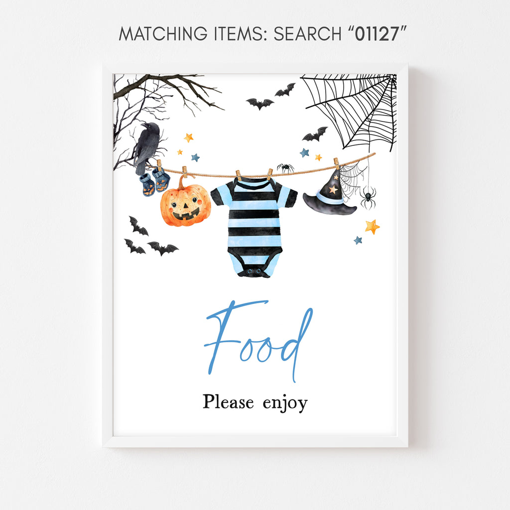 Halloween baby shower food table sign for boy with pumpkin and bat design in spooky cute blue and black theme