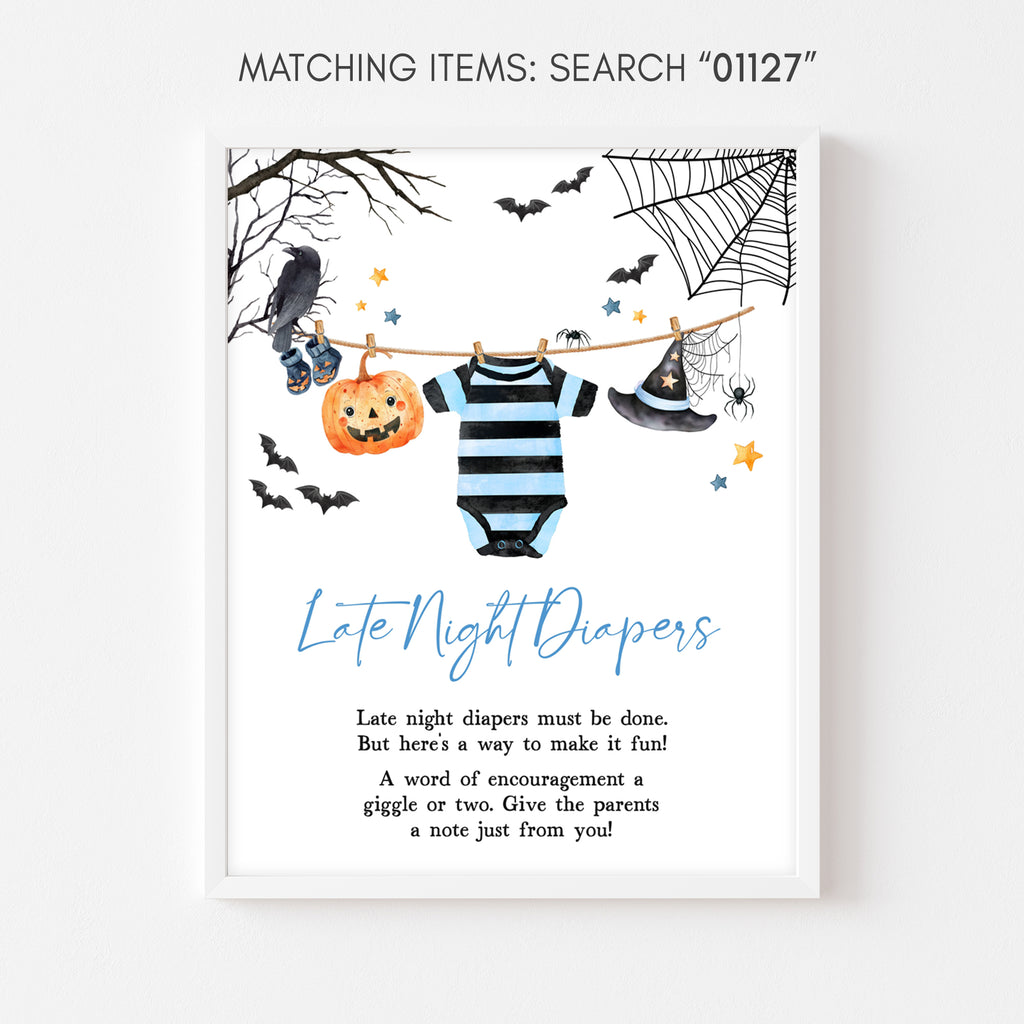 Printable Halloween late night diapers sign for boy baby shower with pumpkin, bat, and spider web illustrations