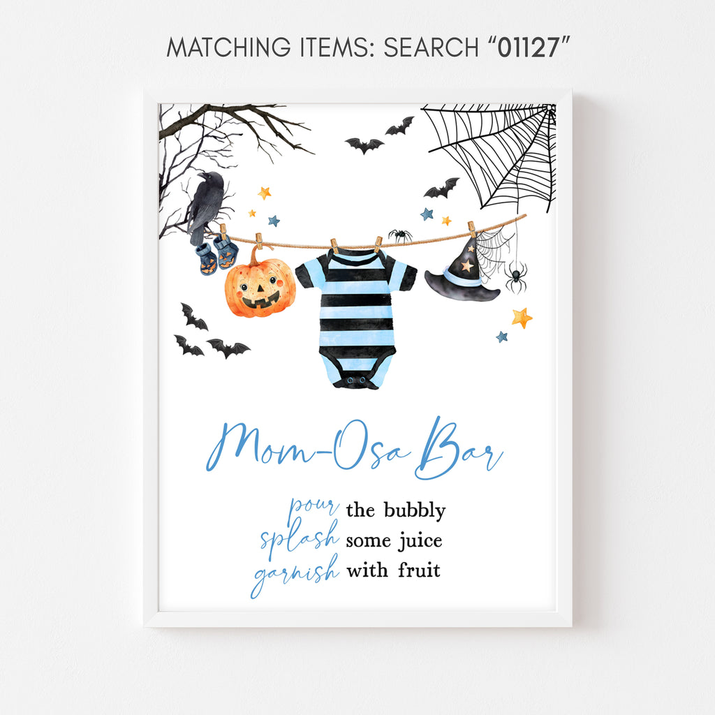 Little boo Halloween Mom-osa bar sign for boy baby shower featuring festive drink graphics and spooky cute design