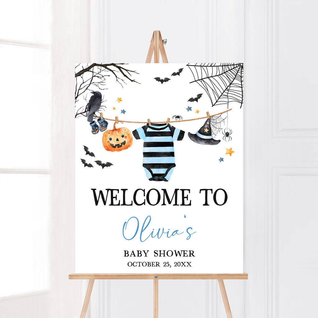 Little boo Halloween baby shower welcome sign for boy, with pumpkins, spiderwebs, and a cute baby onesie design