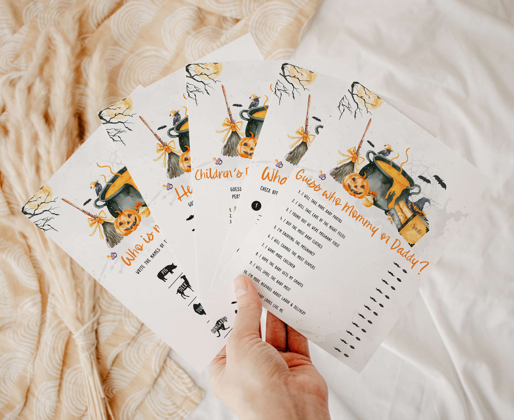 Halloween baby shower games bundle, spooky pumpkin and witch cauldron printable party activities