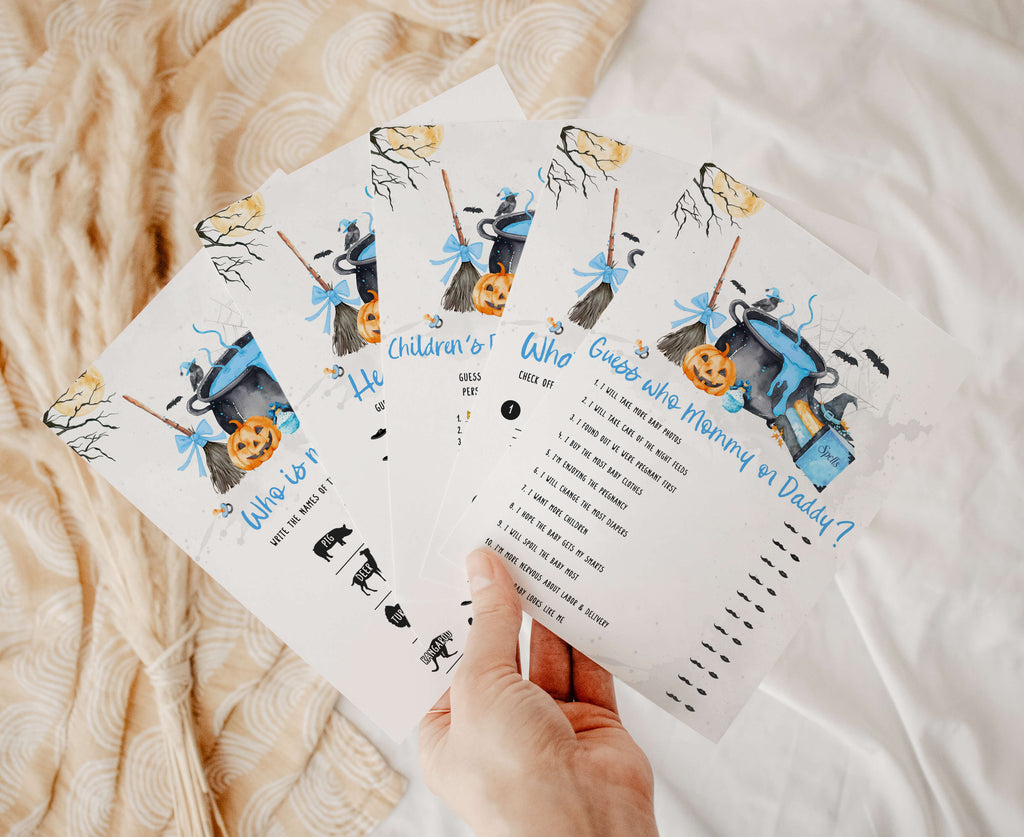 Halloween baby shower games bundle for boy, blue pumpkin and witch cauldron printable activities