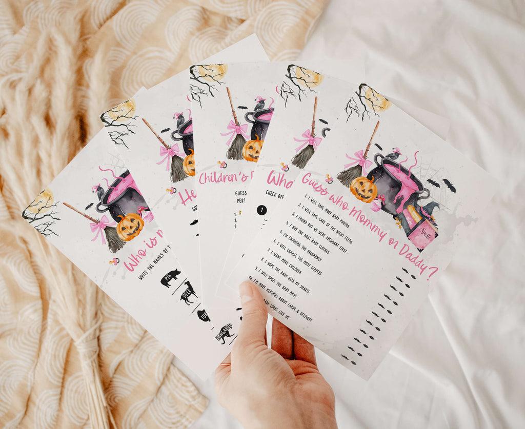 Halloween baby shower games bundle for girl, pink pumpkin and witch cauldron printable activities