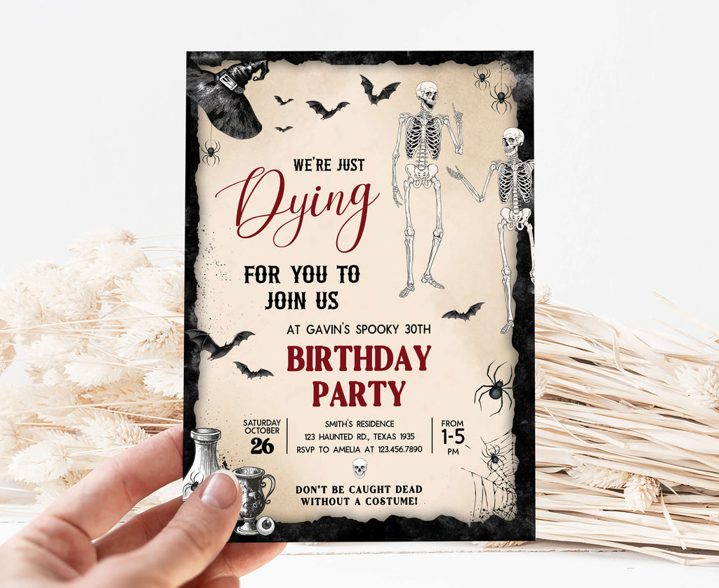 Editable Halloween costume party invitation with skeletons and potions