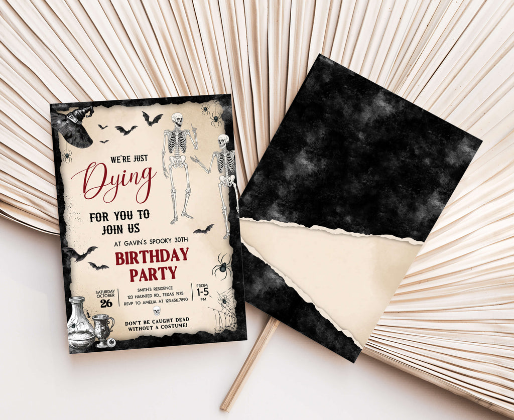 Spooky witch-themed birthday invite with gothic Halloween details