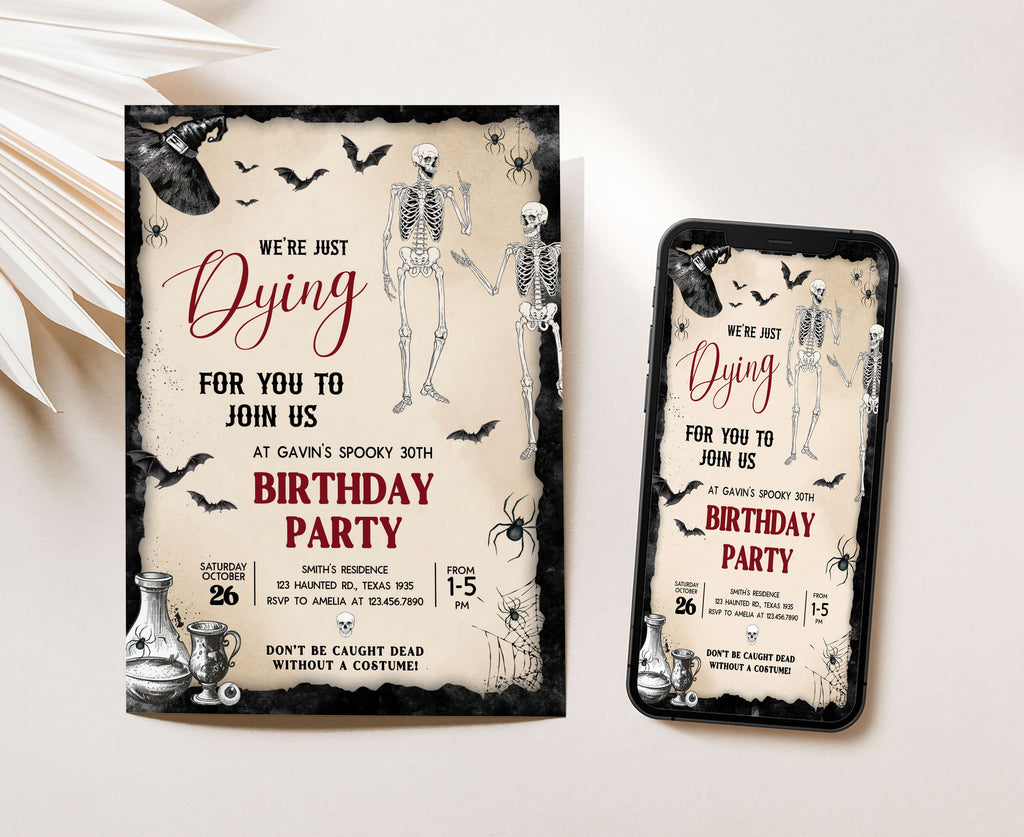 Printable Halloween invitation with bats, skulls, and creepy potion bottles
