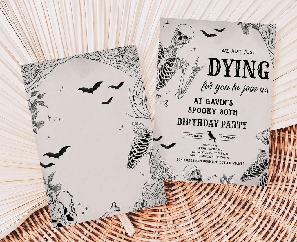Printable spooky birthday invite featuring skulls, spider webs, and gothic elements