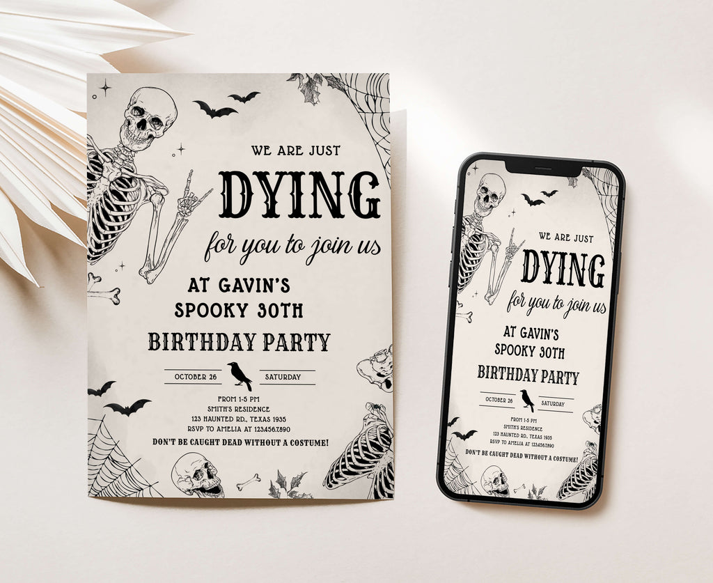 Minimalist Halloween party invitation with crow and vintage-style fonts