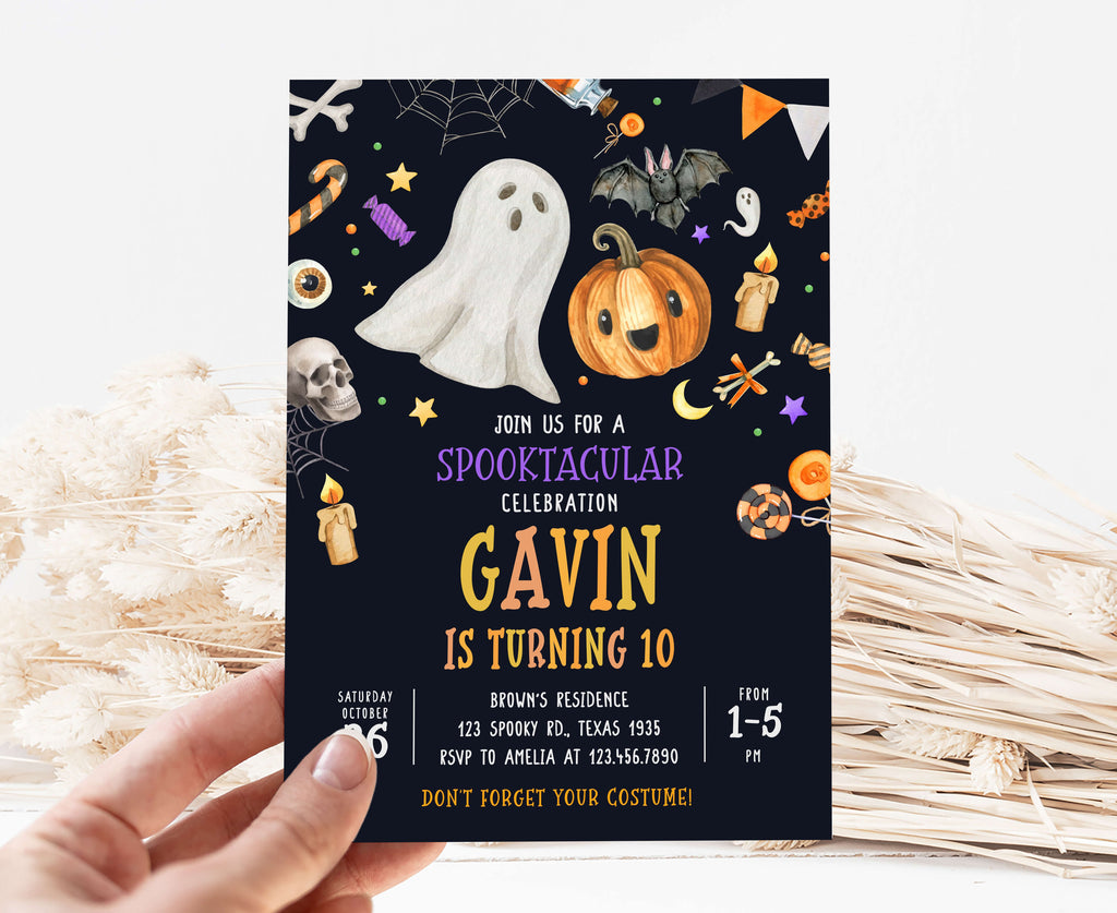 Printable ghost and pumpkin birthday invitation
