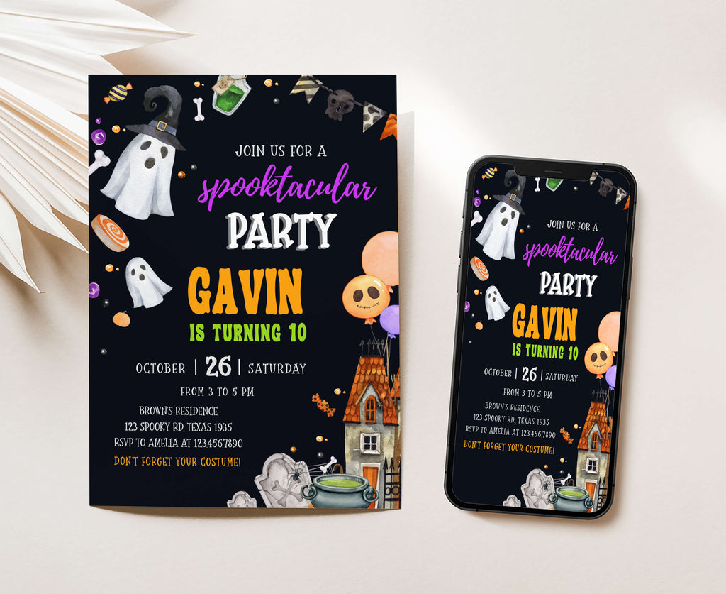 Cute Halloween invitation with balloon and cauldron design