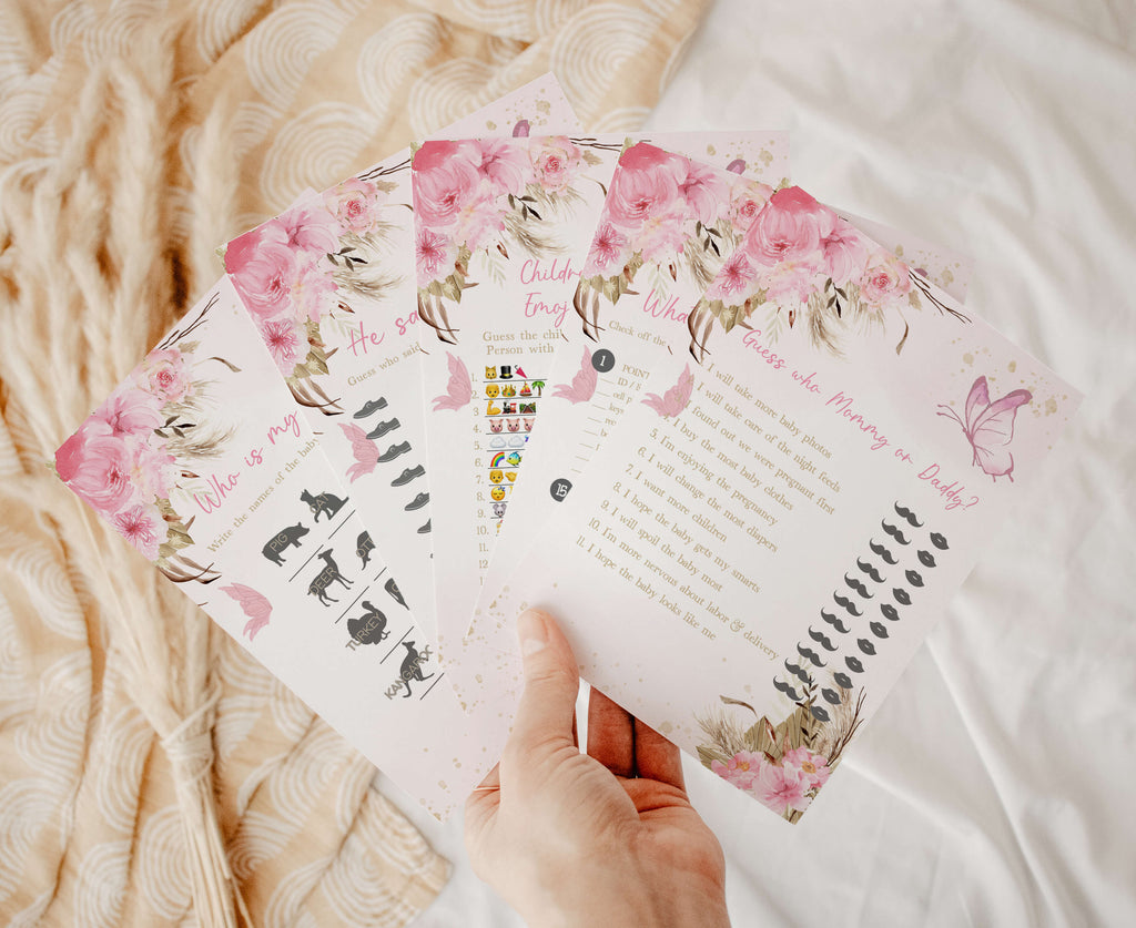 Pink Boho Butterfly Baby Shower Games Bundle