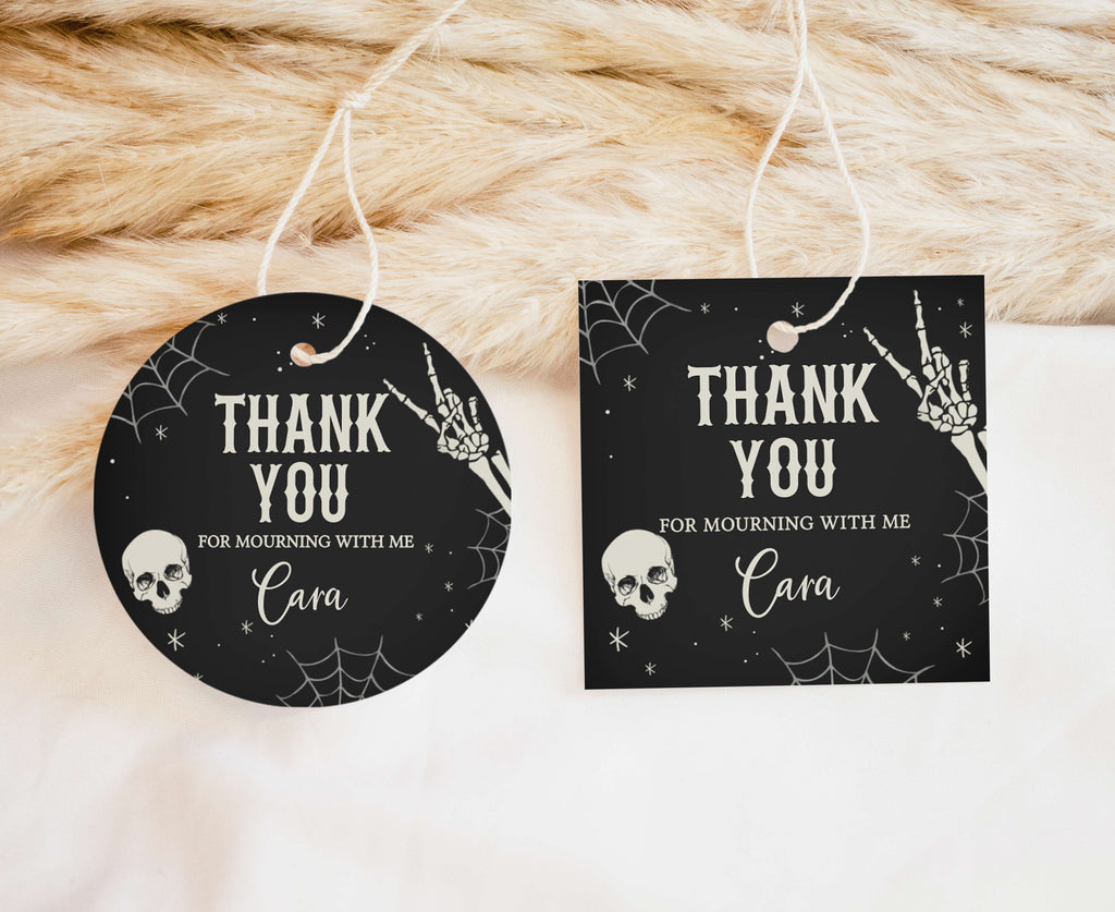Editable spooky adult birthday gift tag with skeleton design
