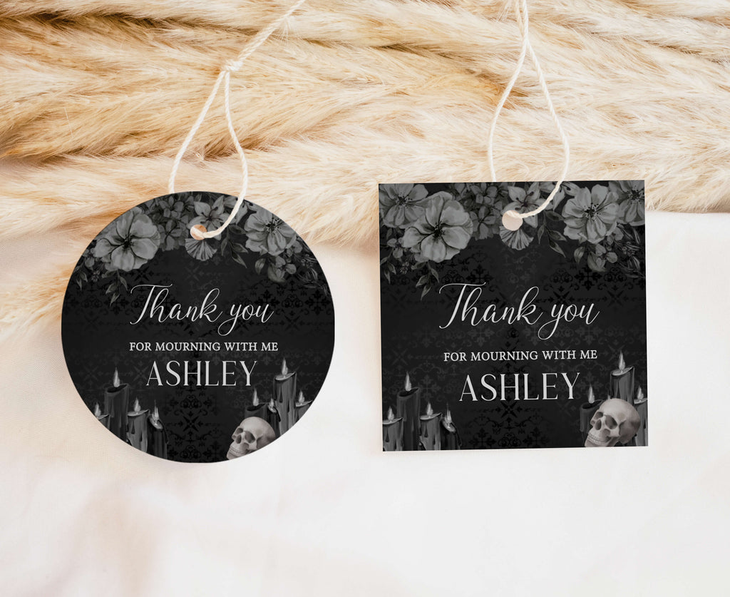 Dark Halloween birthday gift tag with skull and candle design