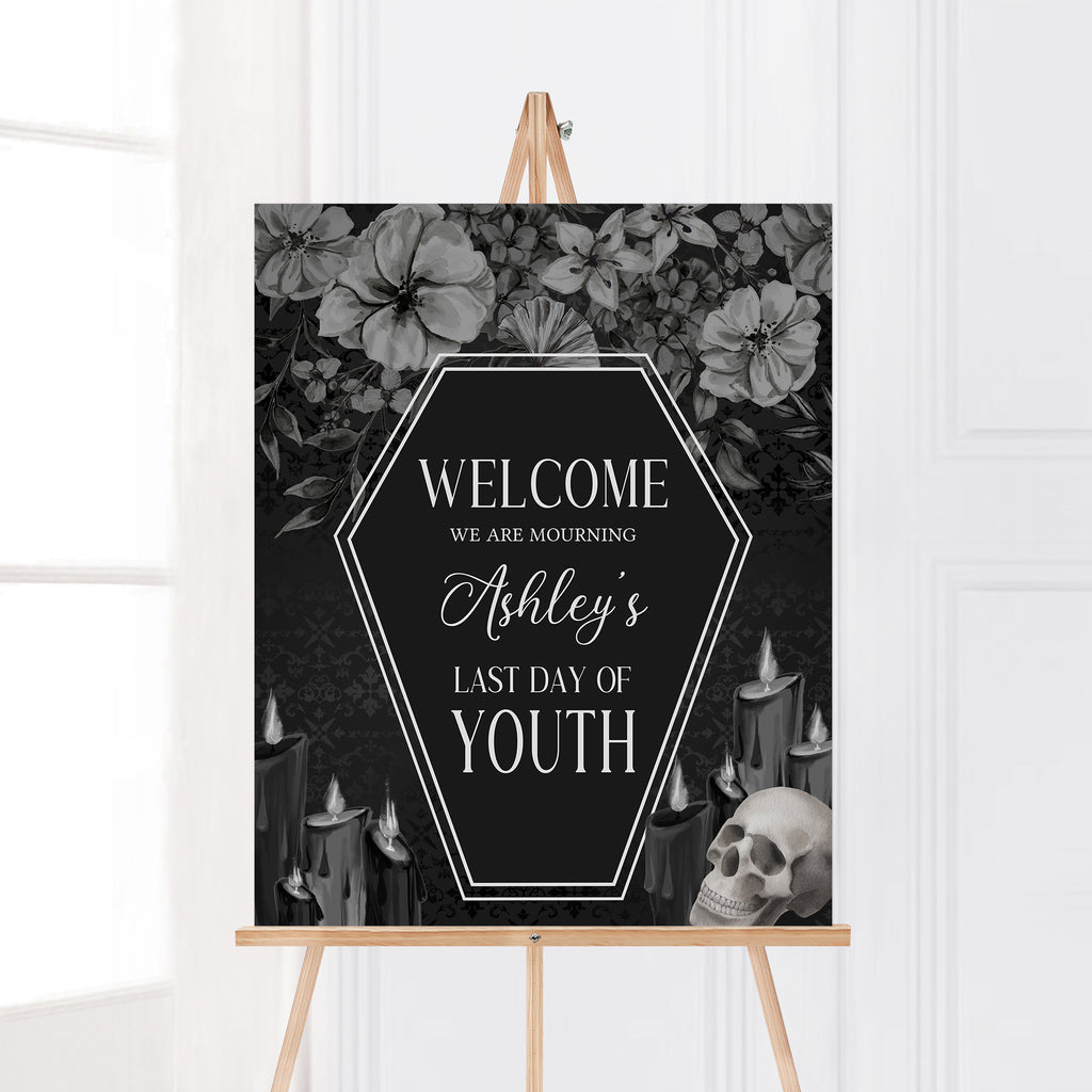 Floral gothic Halloween welcome sign for 30th birthday party