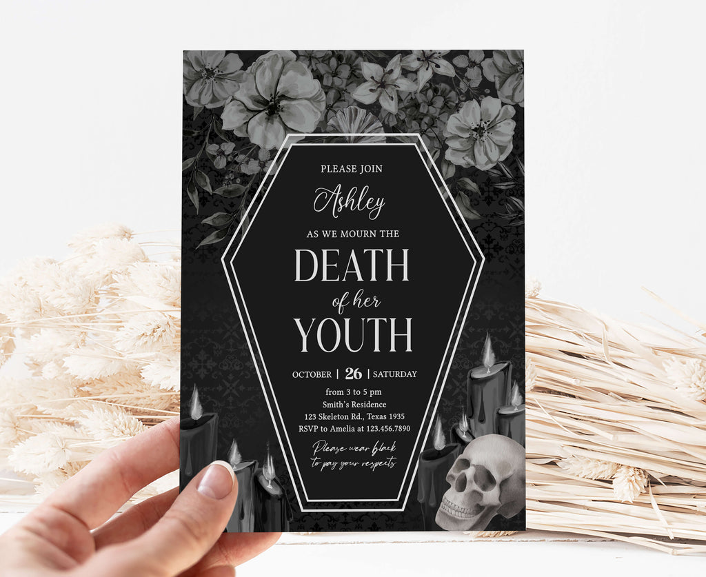 Editable death of youth invitation with gothic floral theme