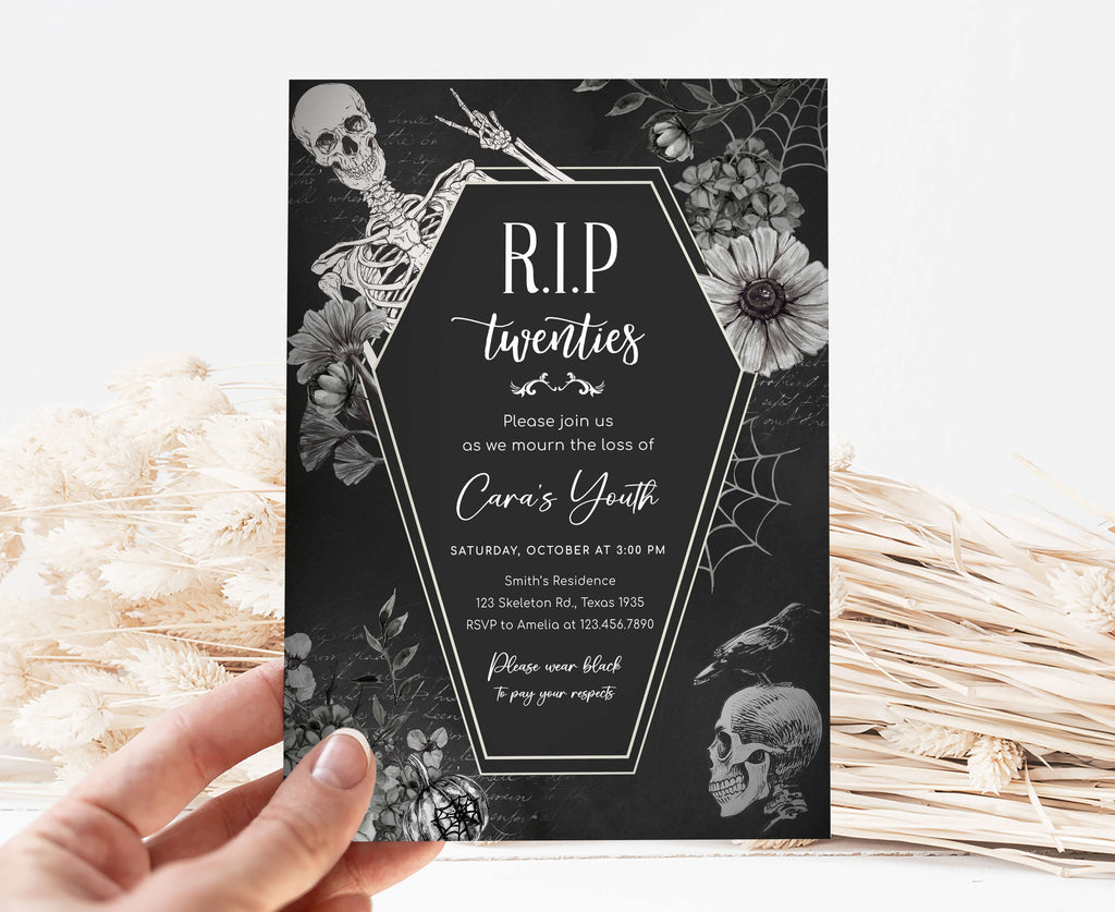 Funny RIP twenties invitation with raven, skull, and spider web details