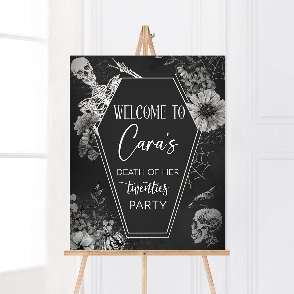 Dark floral Halloween welcome sign for 30th birthday celebration