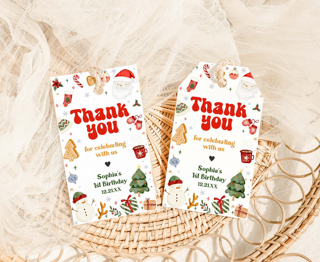 Holiday party favor tags featuring Santa, snowman, and Christmas decorations