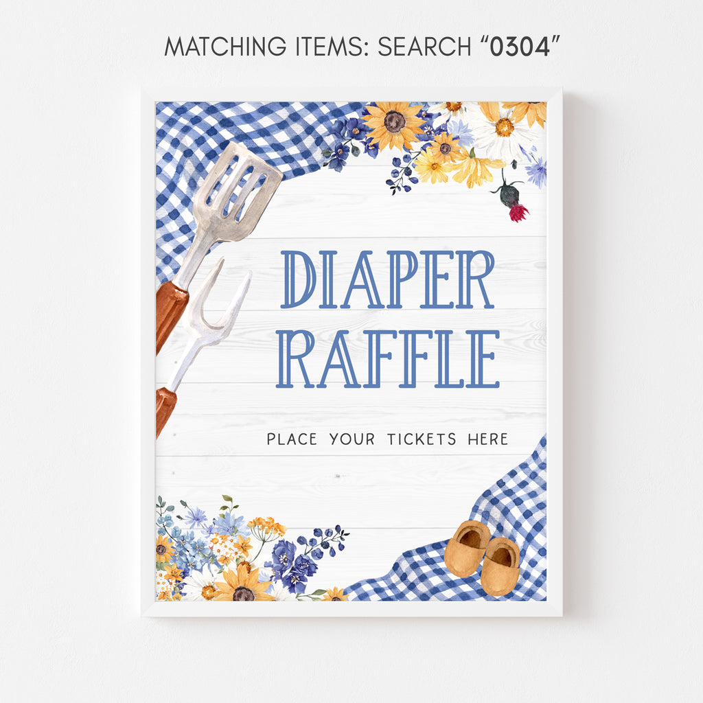 Blue BBQ Baby Shower Diaper Raffle Sign