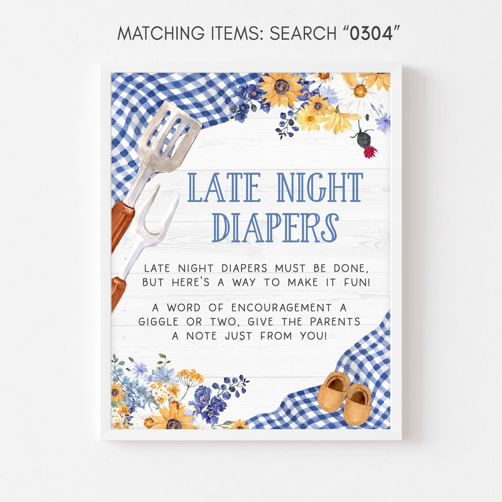 Blue BBQ Baby Shower Late Night Diapers Sign