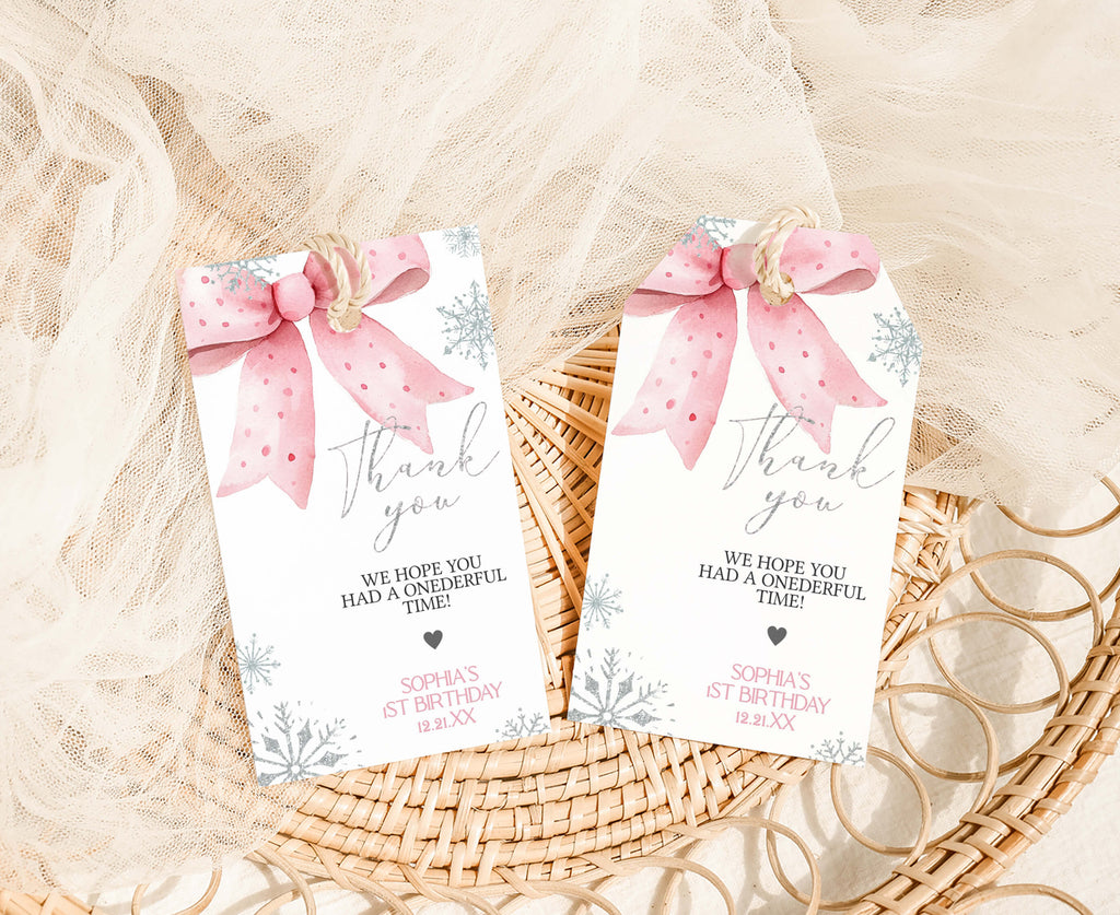 Editable snowflake favor tags with pink ribbon watercolor artwork, customizable winter birthday favor tags for party bags and gifts