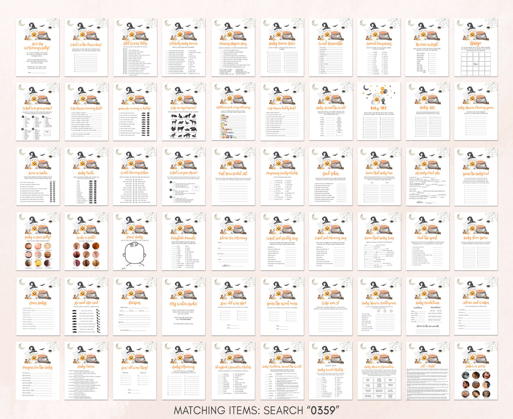 Spooky baby shower games set, printable ghost and cauldron theme for fall celebrations