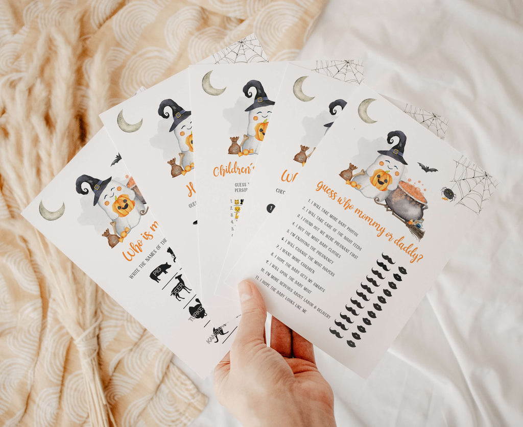 Halloween baby shower games bundle with ghost and pumpkin design, gender neutral party printables